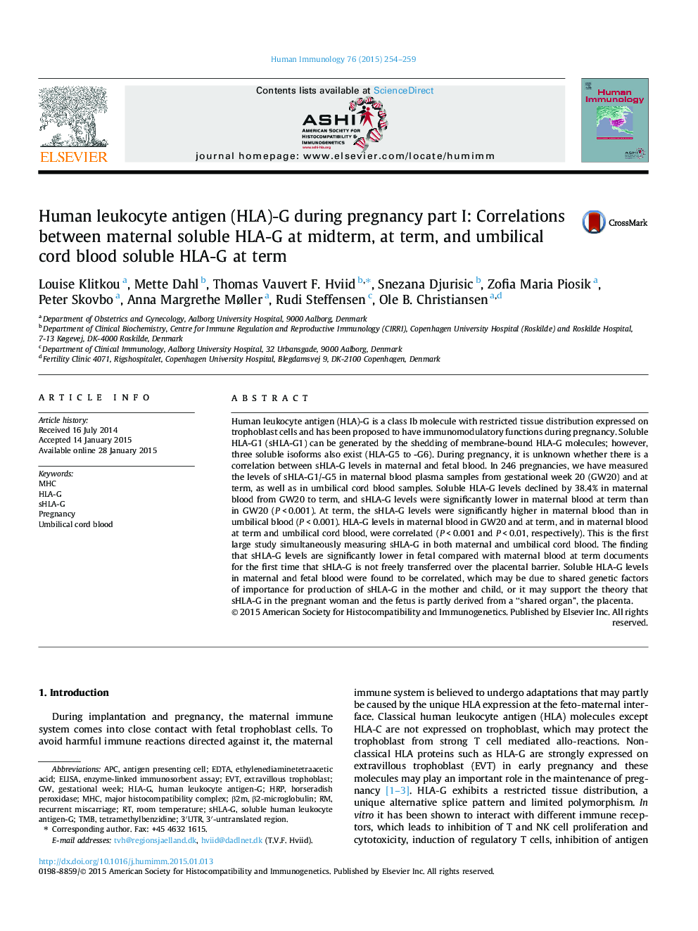 Human leukocyte antigen (HLA)-G during pregnancy part I: Correlations between maternal soluble HLA-G at midterm, at term, and umbilical cord blood soluble HLA-G at term