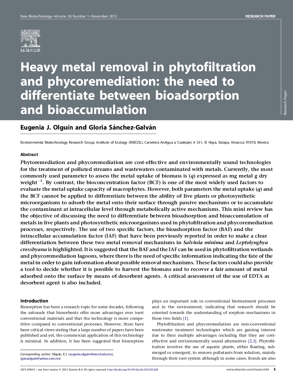 عکس صفحه اول مقاله: Heavy metal removal in phytofiltration and phycoremediation: the need to differentiate between bioadsorption and bioaccumulation Heavy metal removal in phytofiltration and phycoremediation: the need to differentiate between bioadsorption and bioaccumulation