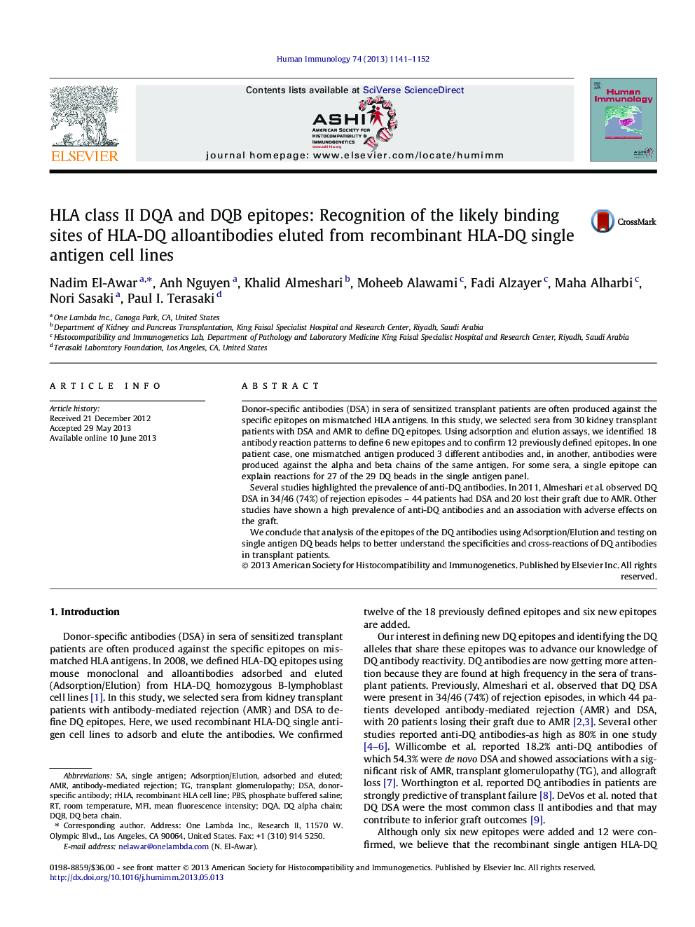 HLA class II DQA and DQB epitopes: Recognition of the likely binding sites of HLA-DQ alloantibodies eluted from recombinant HLA-DQ single antigen cell lines