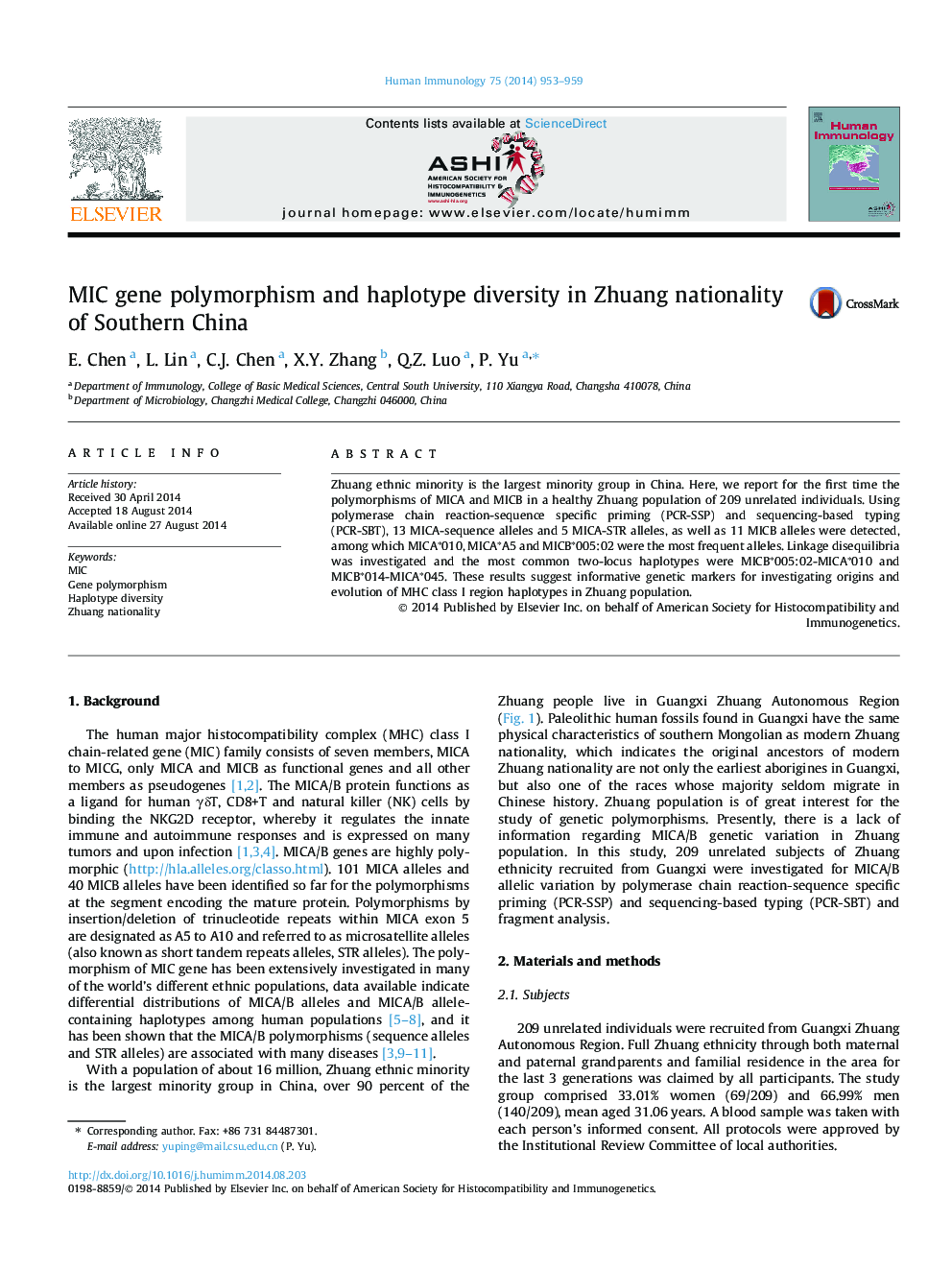 عکس صفحه اول مقاله: MIC gene polymorphism and haplotype diversity in Zhuang nationality of Southern China MIC gene polymorphism and haplotype diversity in Zhuang nationality of Southern China