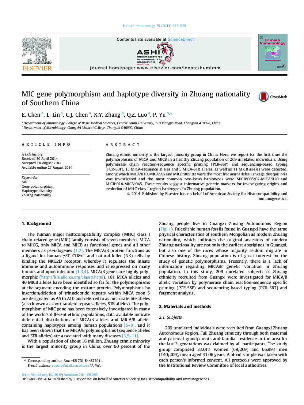 MIC gene polymorphism and haplotype diversity in Zhuang nationality of Southern China