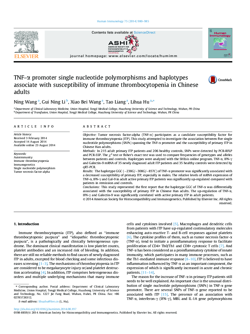 TNF-α promoter single nucleotide polymorphisms and haplotypes associate with susceptibility of immune thrombocytopenia in Chinese adults