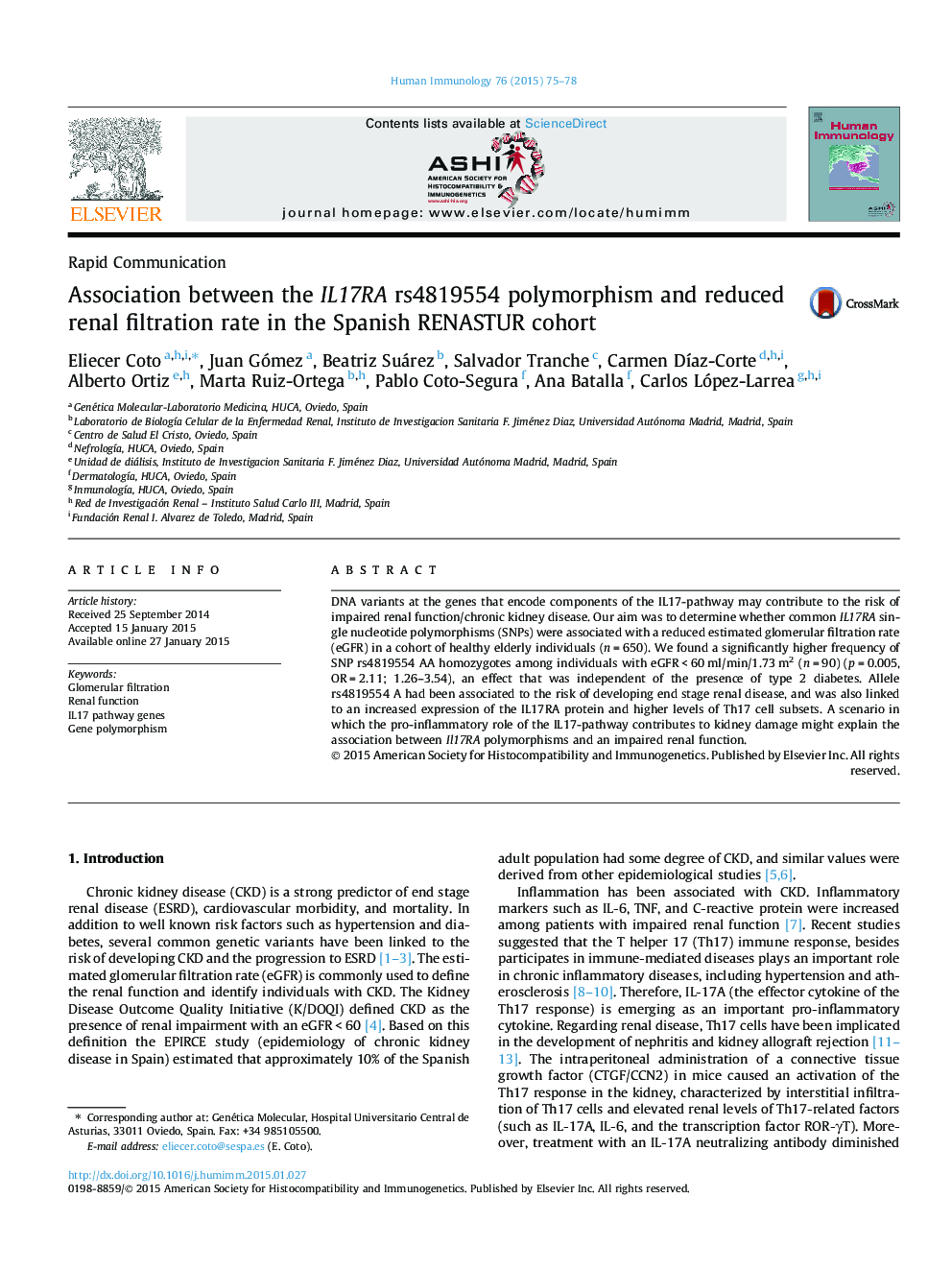 Association between the IL17RA rs4819554 polymorphism and reduced renal filtration rate in the Spanish RENASTUR cohort