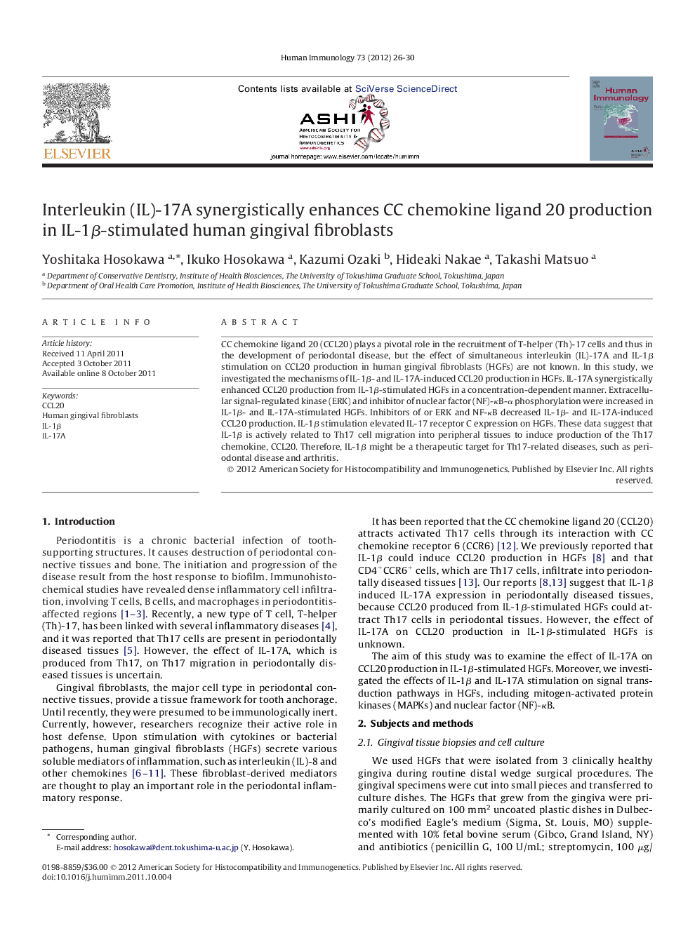 Interleukin (IL)-17A synergistically enhances CC chemokine ligand 20 production in IL-1β-stimulated human gingival fibroblasts