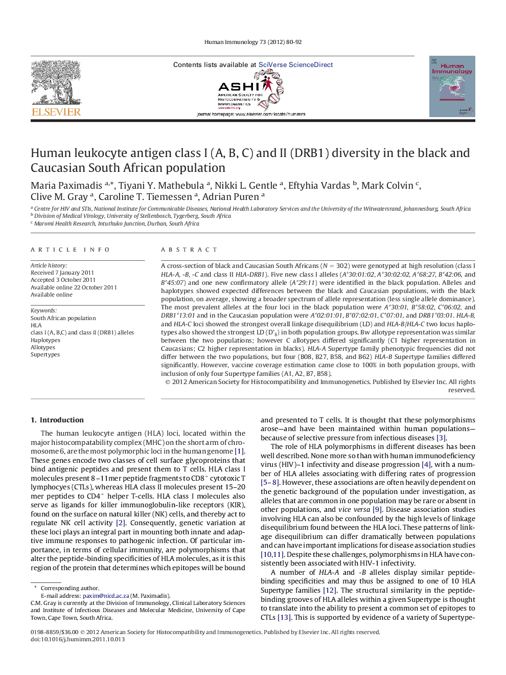 Human leukocyte antigen class I (A, B, C) and II (DRB1) diversity in the black and Caucasian South African population 