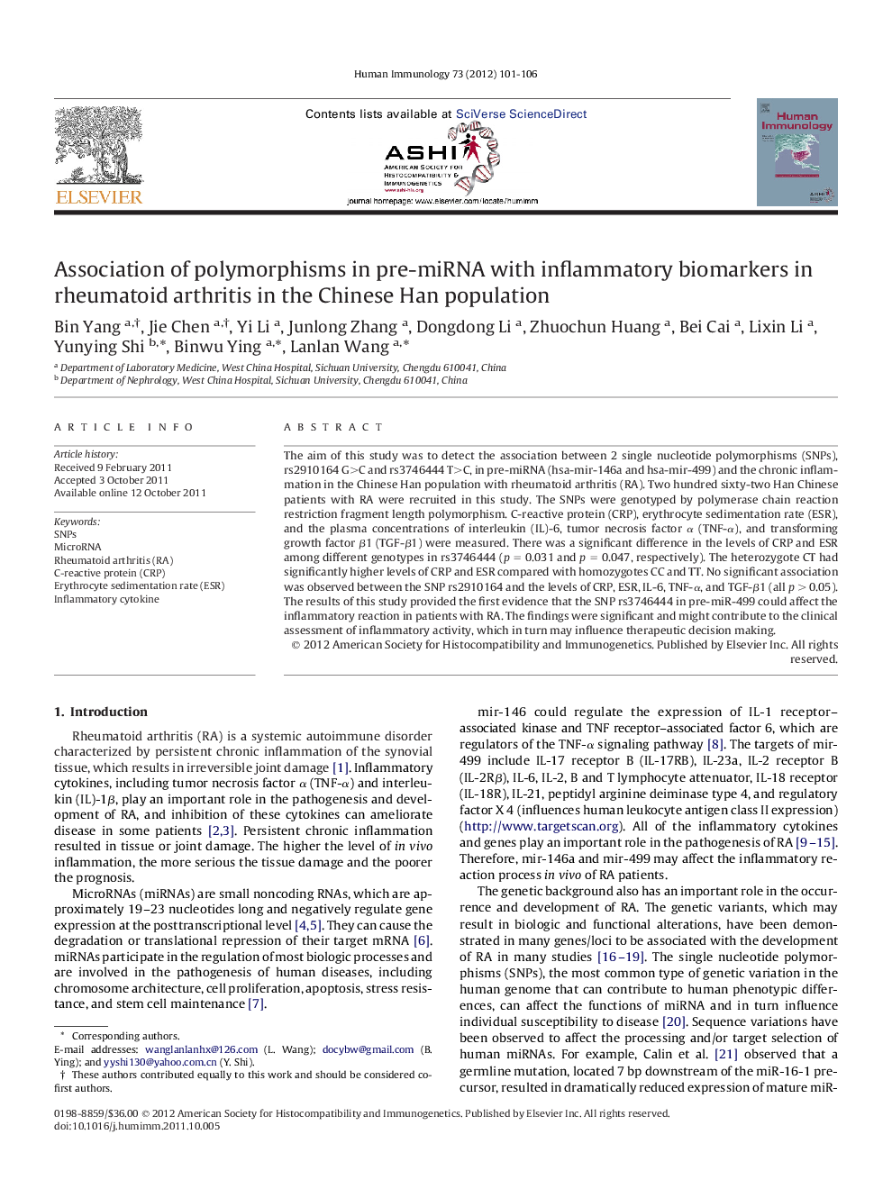 Association of polymorphisms in pre-miRNA with inflammatory biomarkers in rheumatoid arthritis in the Chinese Han population