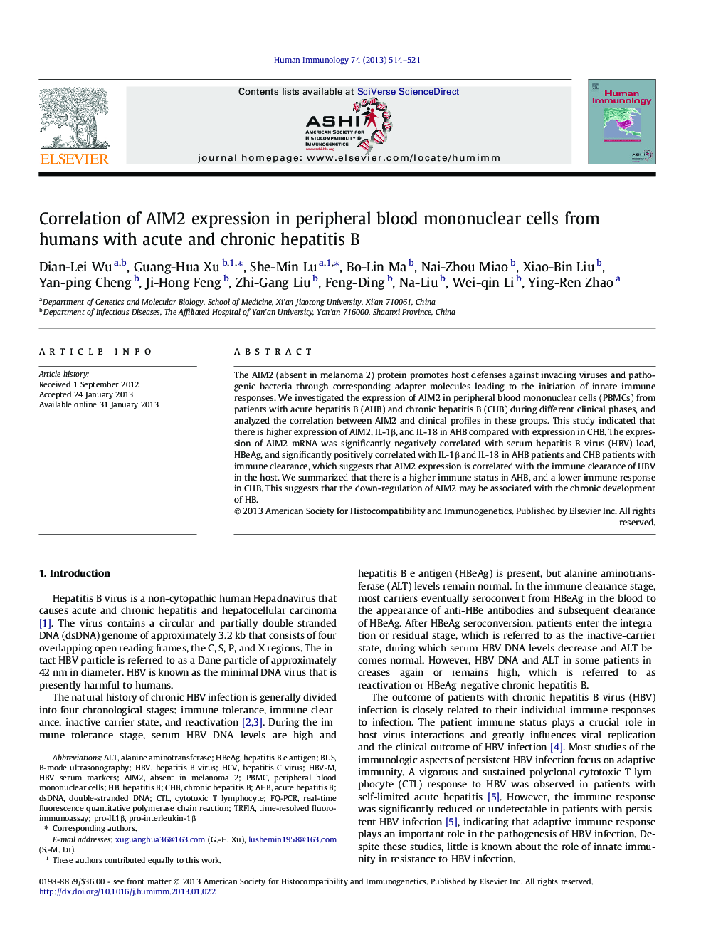 Correlation of AIM2 expression in peripheral blood mononuclear cells from humans with acute and chronic hepatitis B