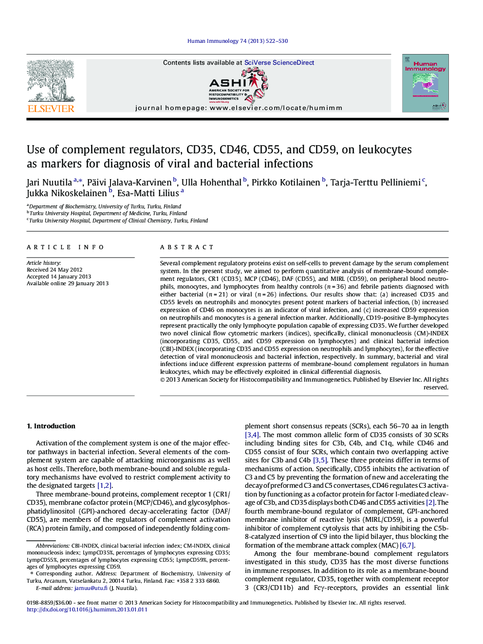 Use of complement regulators, CD35, CD46, CD55, and CD59, on leukocytes as markers for diagnosis of viral and bacterial infections