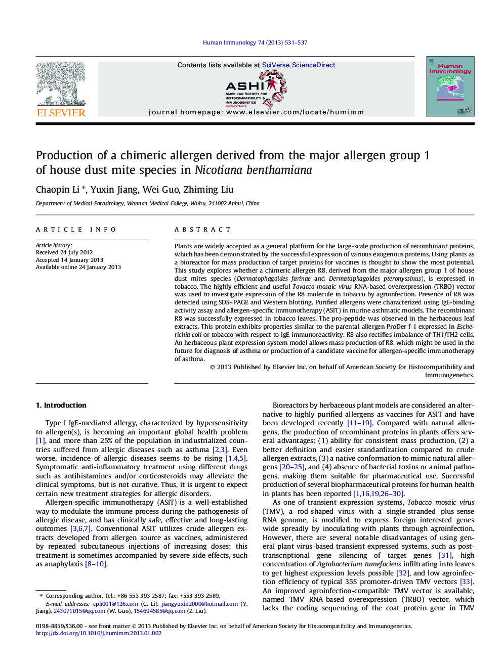 Production of a chimeric allergen derived from the major allergen group 1 of house dust mite species in Nicotiana benthamiana