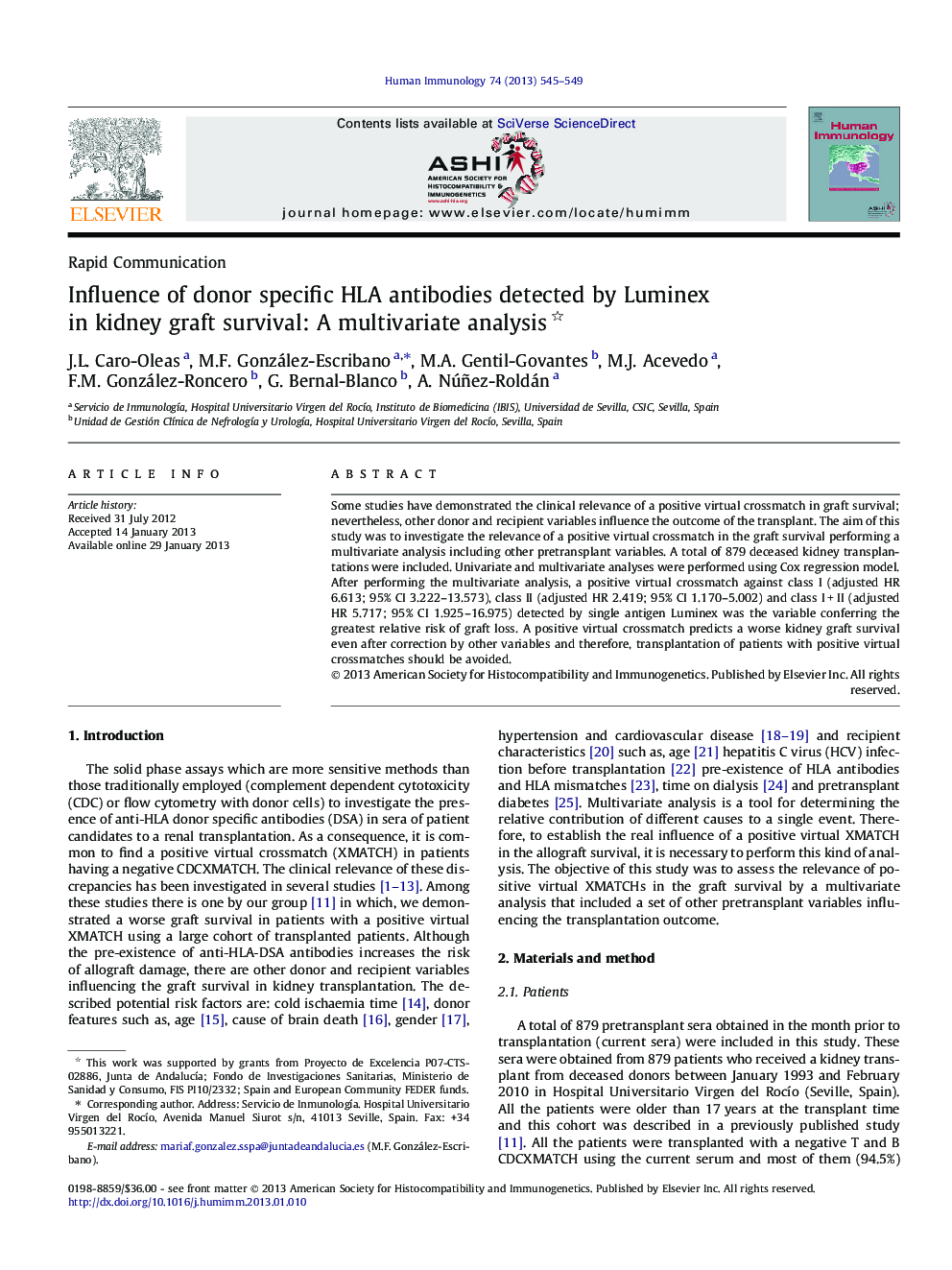 Influence of donor specific HLA antibodies detected by Luminex in kidney graft survival: A multivariate analysis 