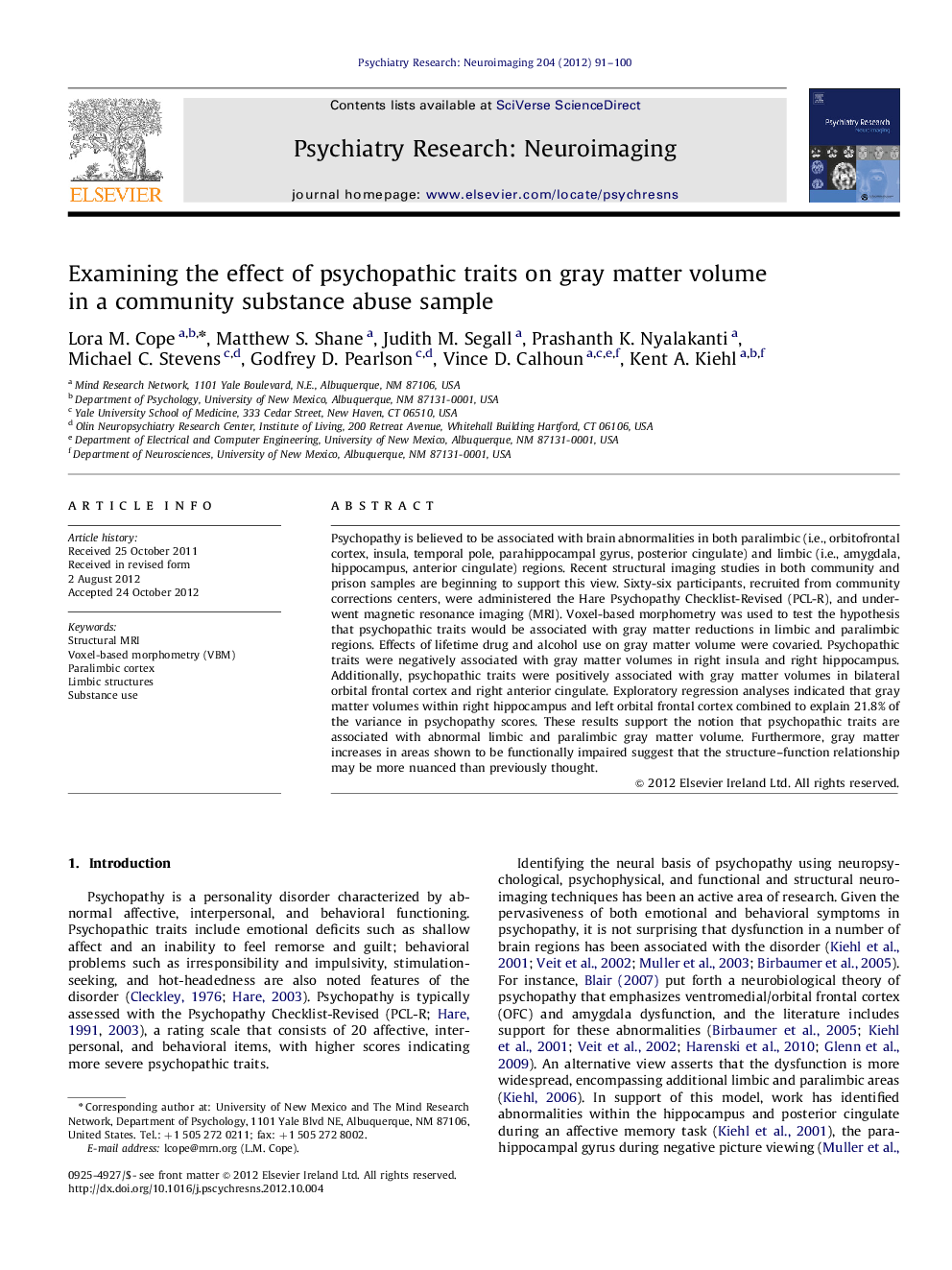 Examining the effect of psychopathic traits on gray matter volume in a community substance abuse sample