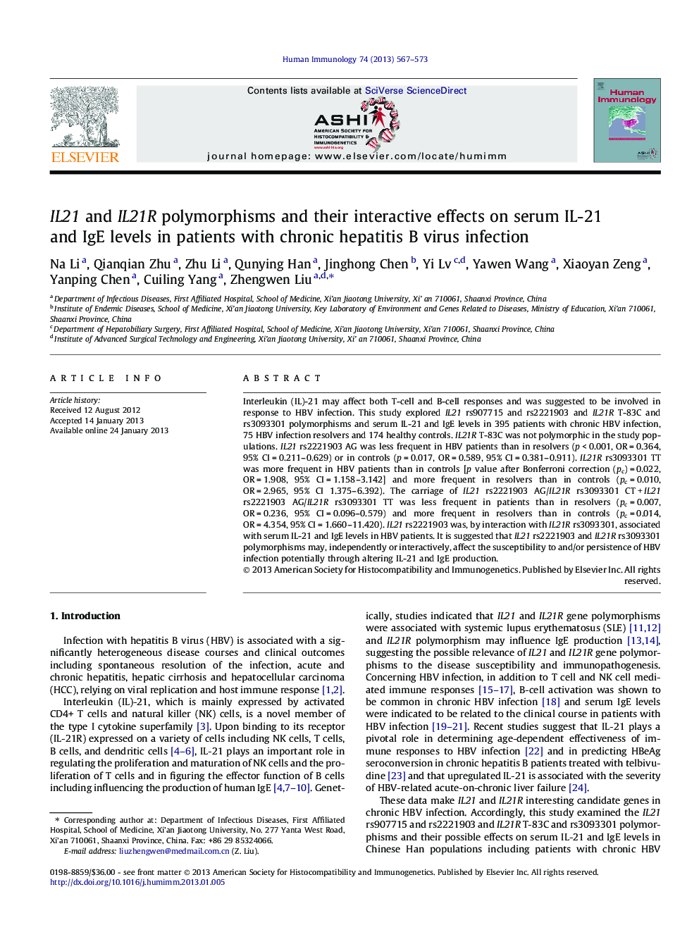 IL21 and IL21R polymorphisms and their interactive effects on serum IL-21 and IgE levels in patients with chronic hepatitis B virus infection