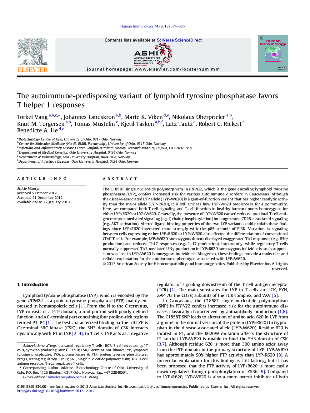 عکس صفحه اول مقاله: The autoimmune-predisposing variant of lymphoid tyrosine phosphatase favors T helper 1 responses The autoimmune-predisposing variant of lymphoid tyrosine phosphatase favors T helper 1 responses