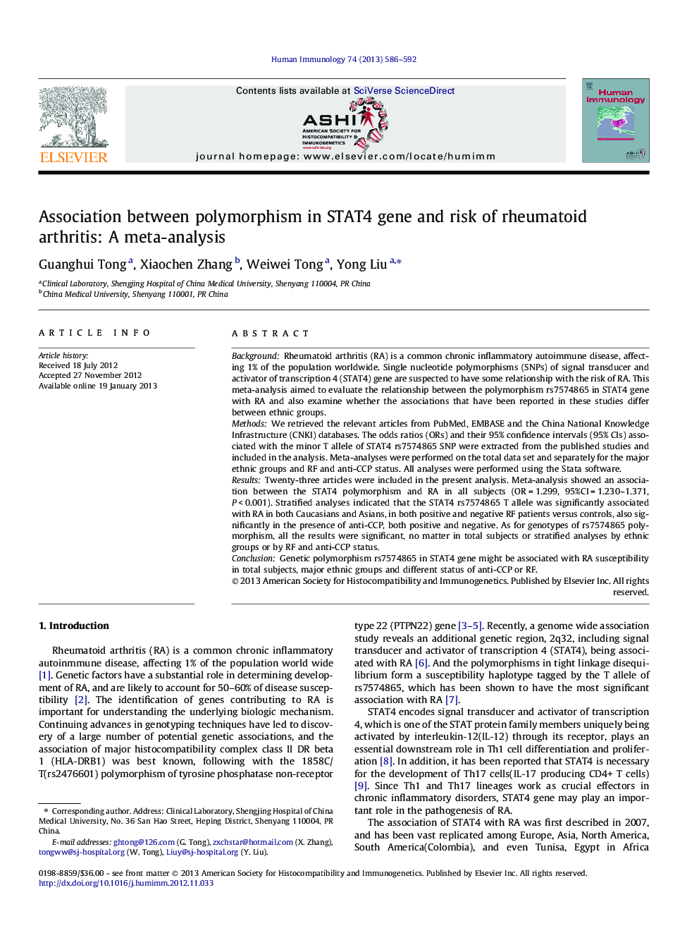 Association between polymorphism in STAT4 gene and risk of rheumatoid arthritis: A meta-analysis