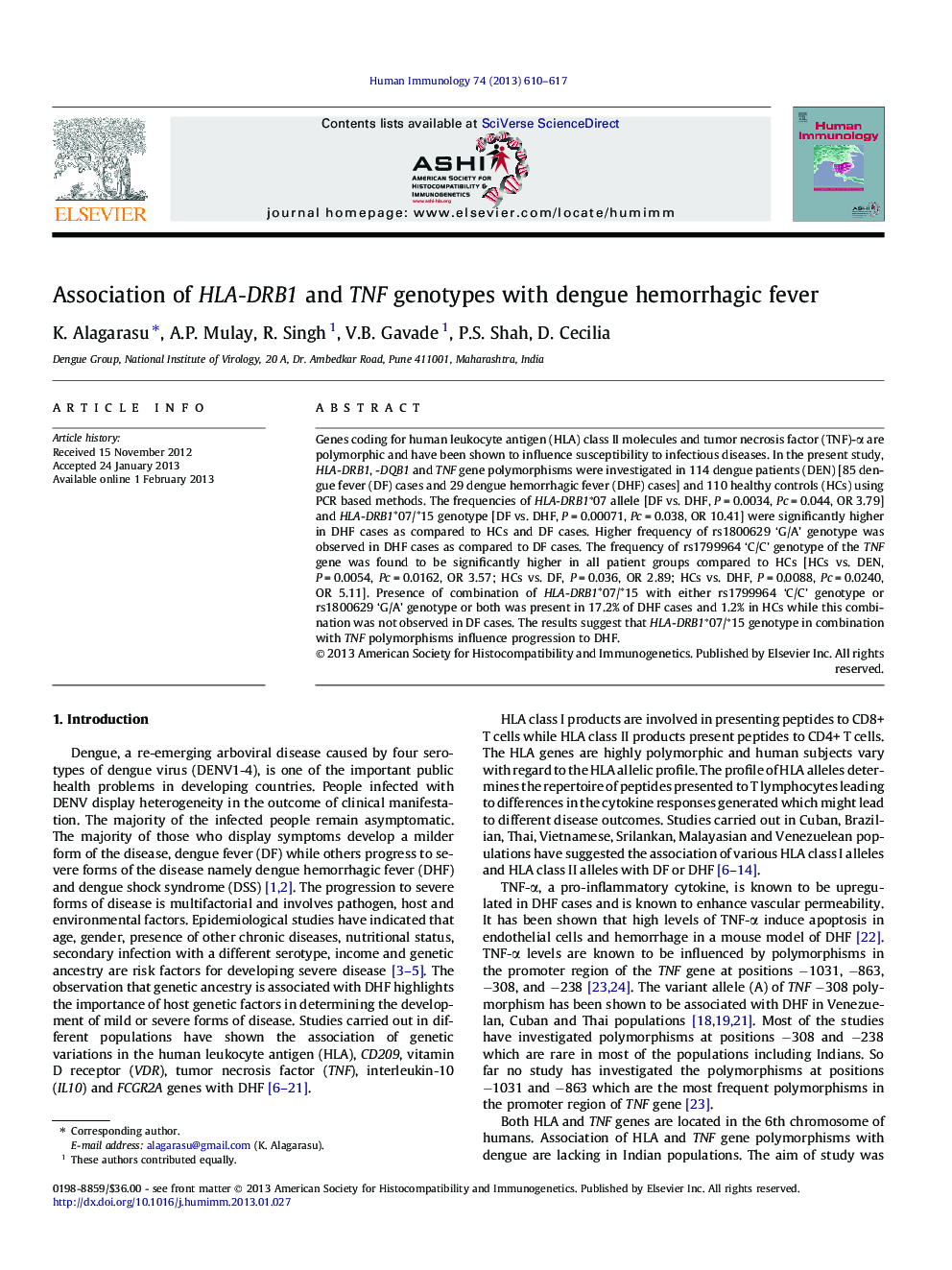 Association of HLA-DRB1 and TNF genotypes with dengue hemorrhagic fever