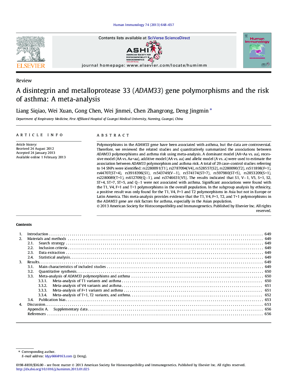 A disintegrin and metalloprotease 33 (ADAM33) gene polymorphisms and the risk of asthma: A meta-analysis
