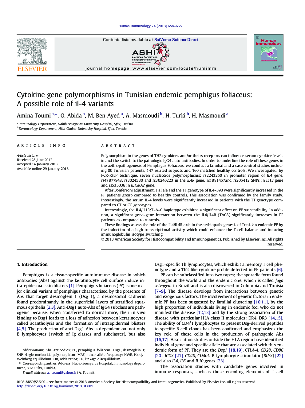 Cytokine gene polymorphisms in Tunisian endemic pemphigus foliaceus: A possible role of il-4 variants