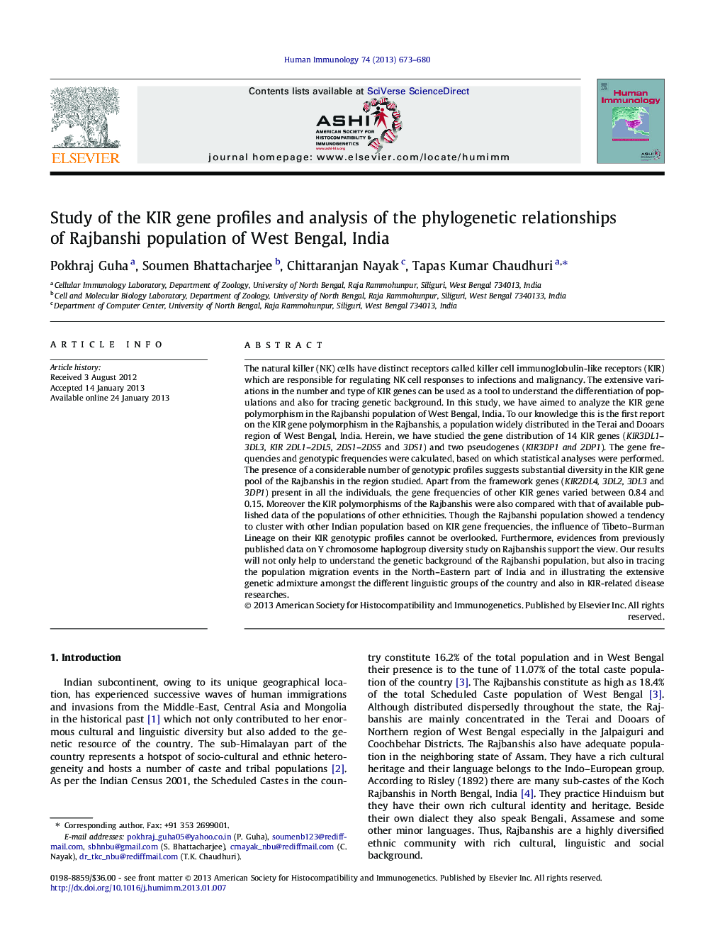 Study of the KIR gene profiles and analysis of the phylogenetic relationships of Rajbanshi population of West Bengal, India