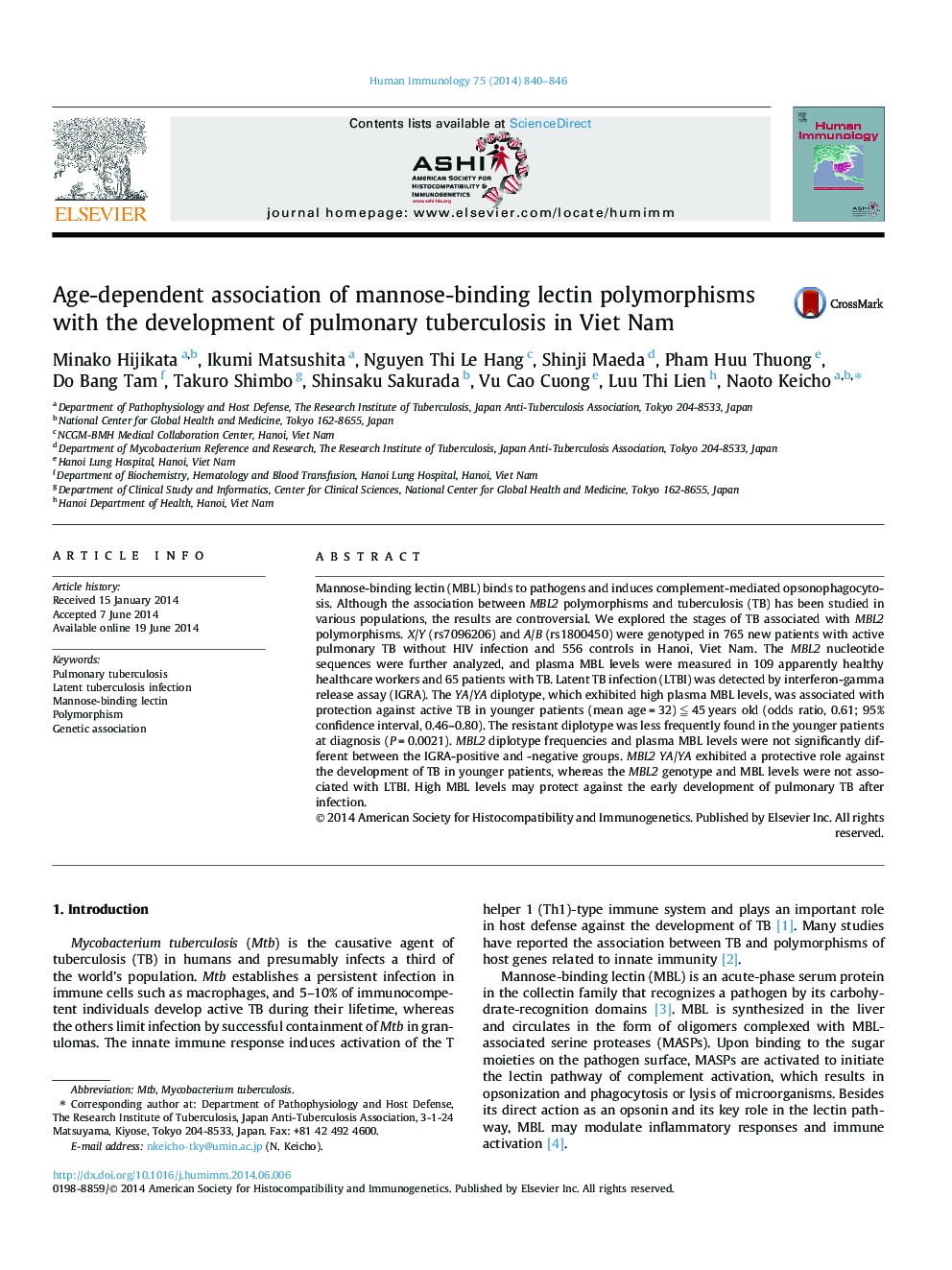 Age-dependent association of mannose-binding lectin polymorphisms with the development of pulmonary tuberculosis in Viet Nam