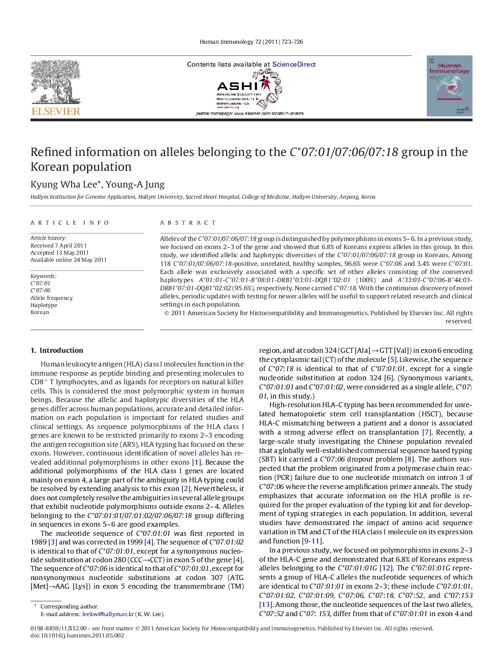 Refined information on alleles belonging to the C*07:01/07:06/07:18 group in the Korean population