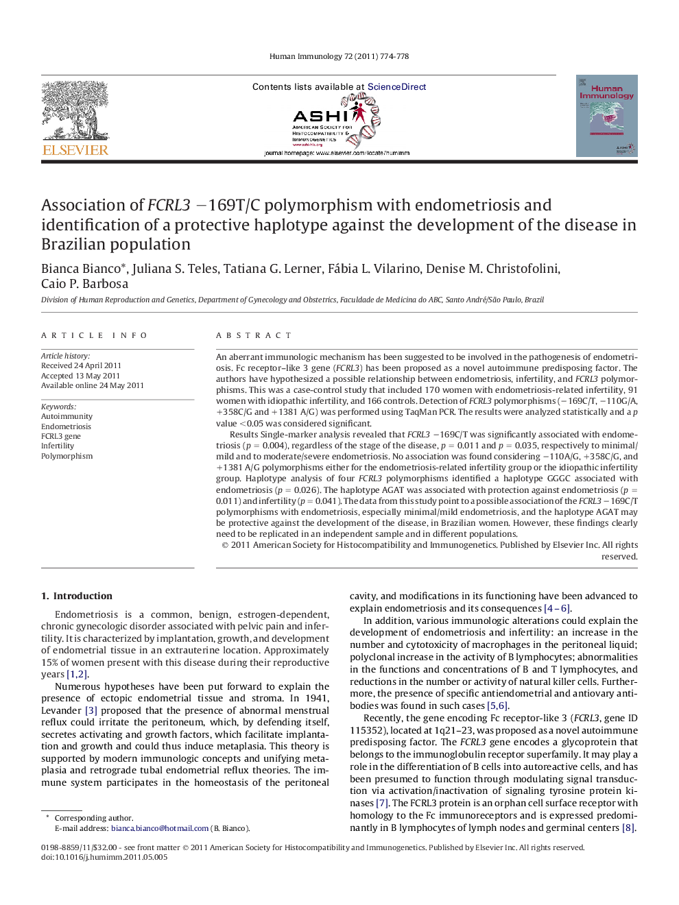 Association of FCRL3 â169T/C polymorphism with endometriosis and identification of a protective haplotype against the development of the disease in Brazilian population