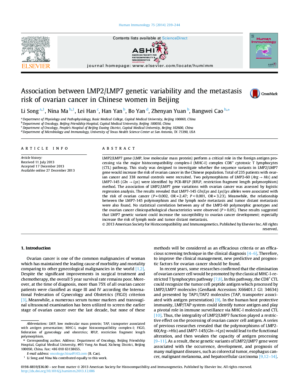Association between LMP2/LMP7 genetic variability and the metastasis risk of ovarian cancer in Chinese women in Beijing