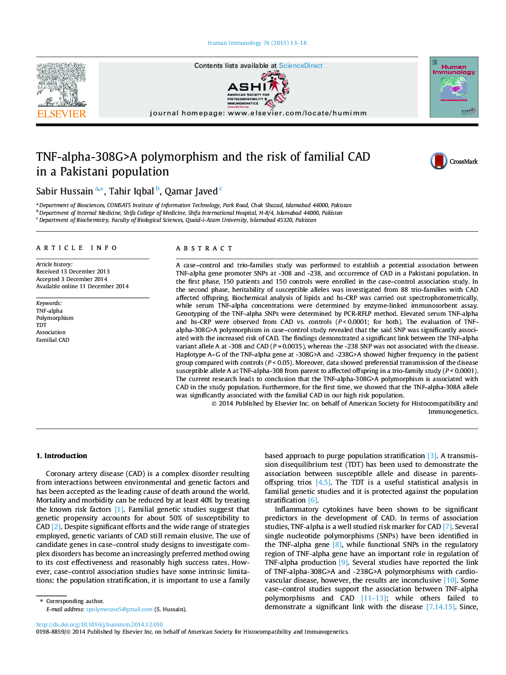 TNF-alpha-308G>A polymorphism and the risk of familial CAD in a Pakistani population