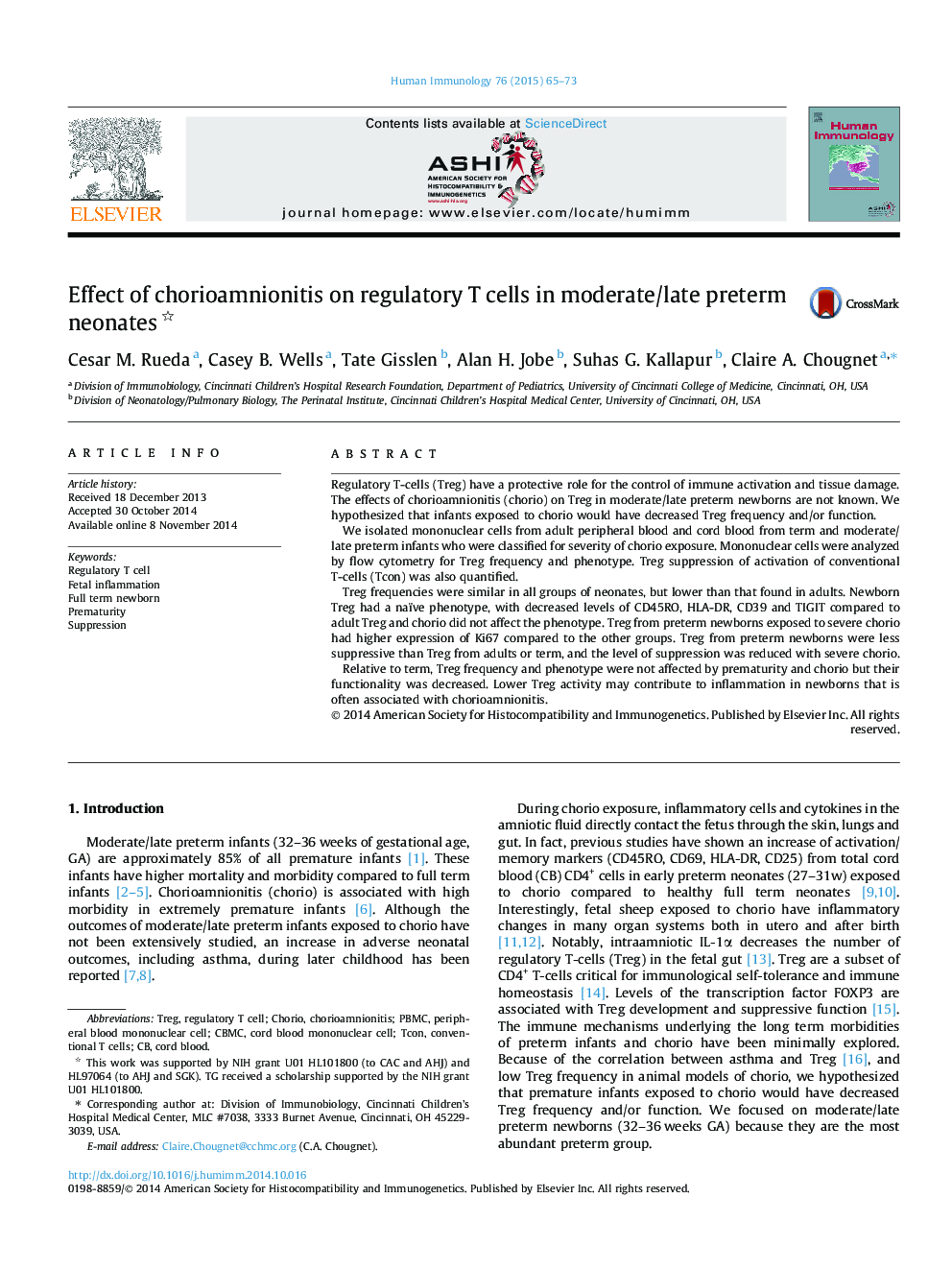 Effect of chorioamnionitis on regulatory T cells in moderate/late preterm neonates 