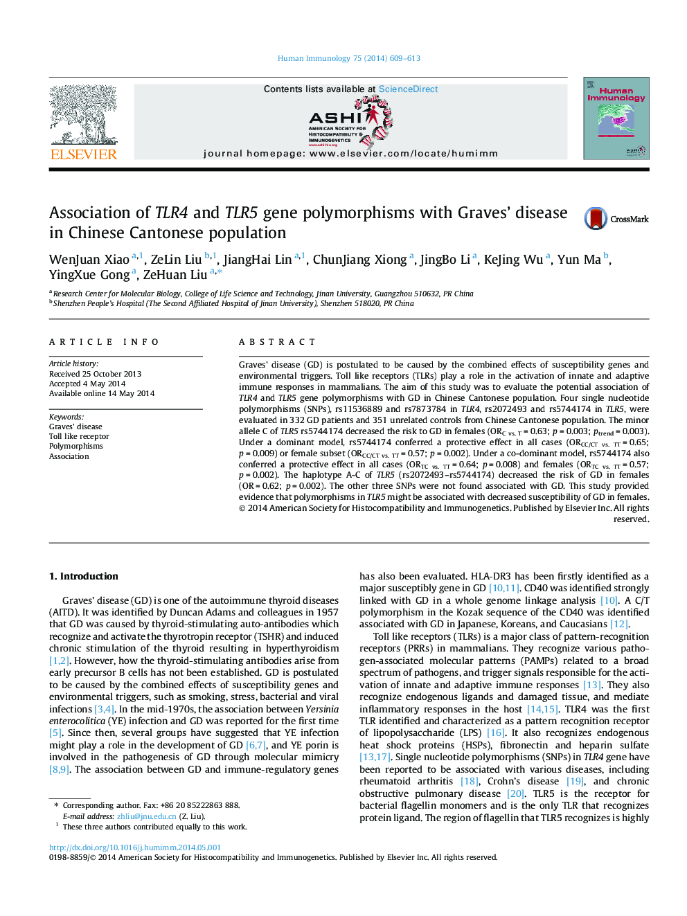 Association of TLR4 and TLR5 gene polymorphisms with Graves’ disease in Chinese Cantonese population