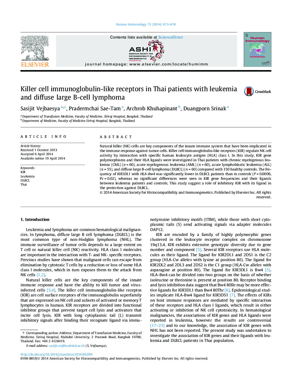 Killer cell immunoglobulin-like receptors in Thai patients with leukemia and diffuse large B-cell lymphoma