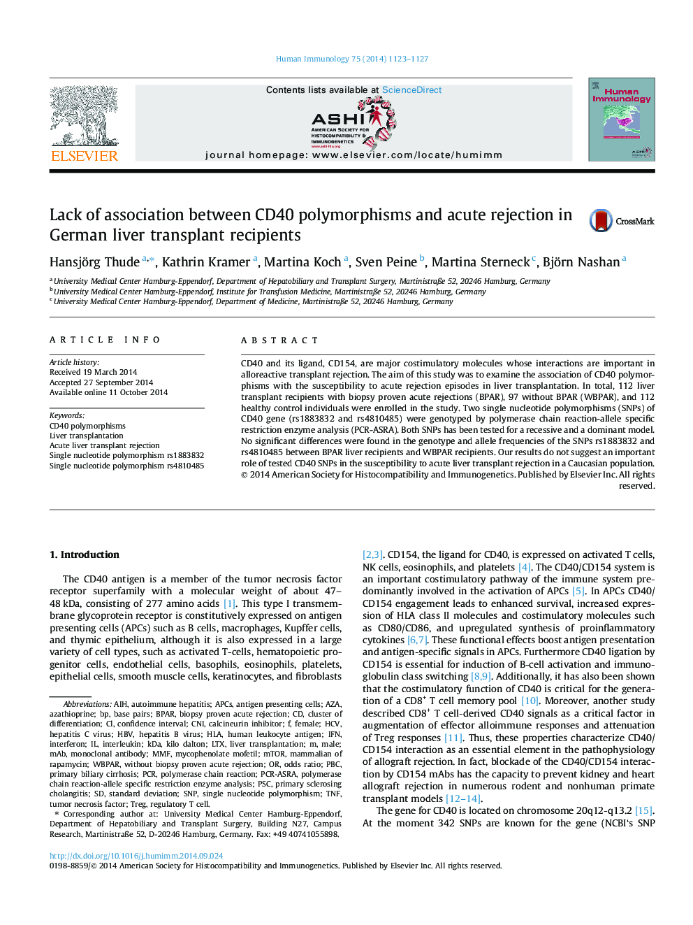 Lack of association between CD40 polymorphisms and acute rejection in German liver transplant recipients