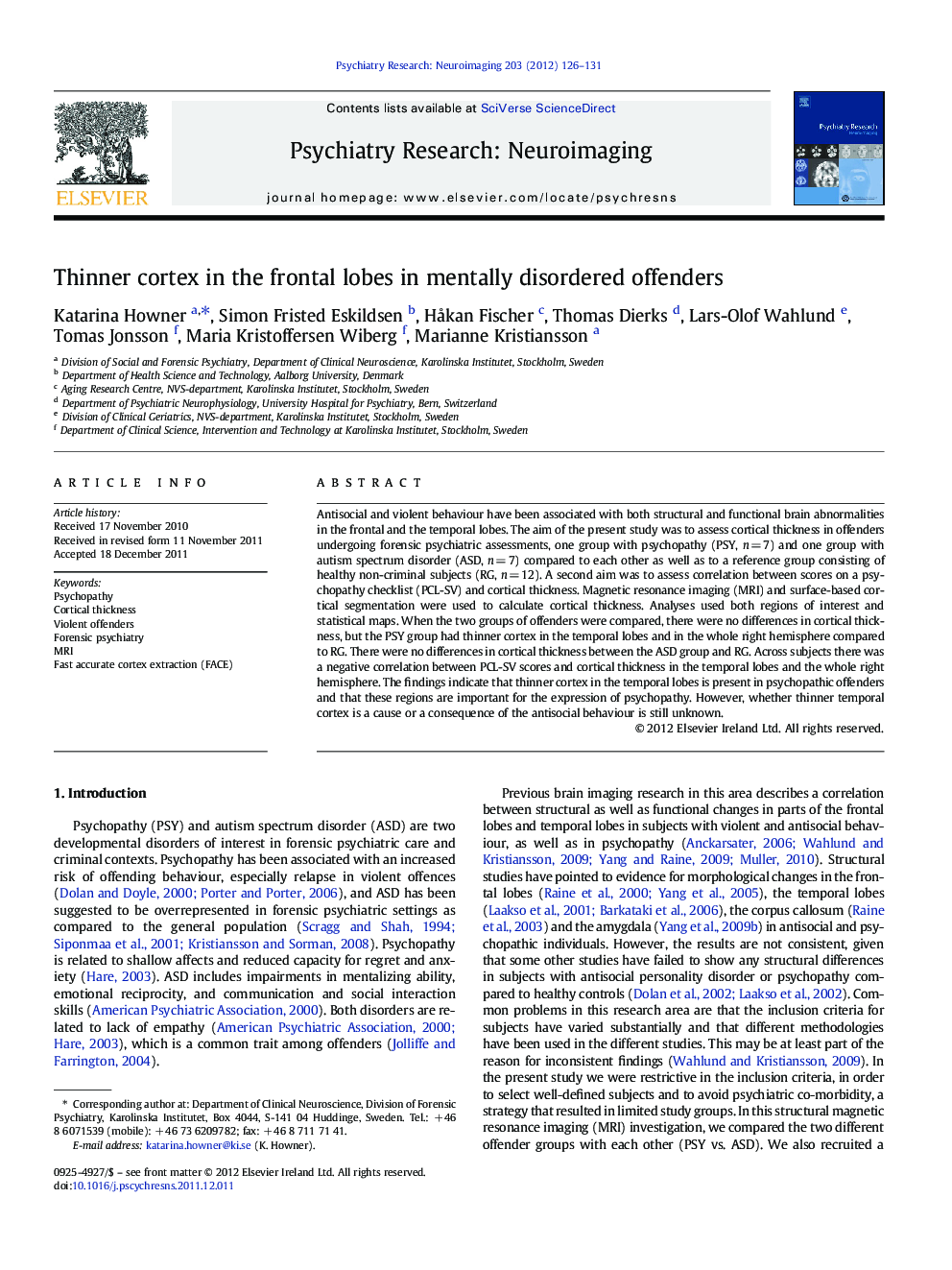 Thinner cortex in the frontal lobes in mentally disordered offenders