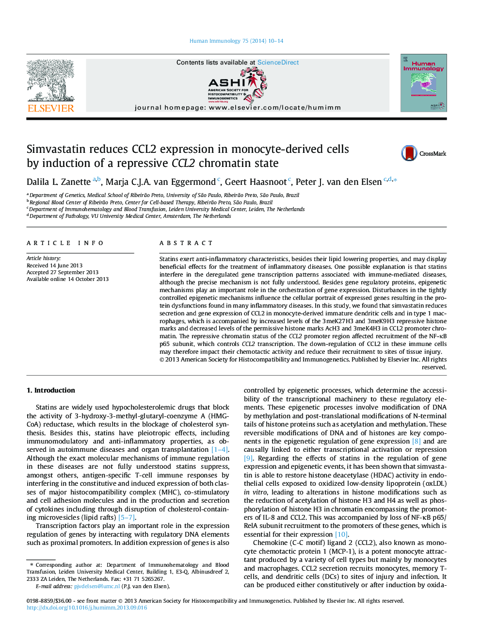 Simvastatin reduces CCL2 expression in monocyte-derived cells by induction of a repressive CCL2 chromatin state