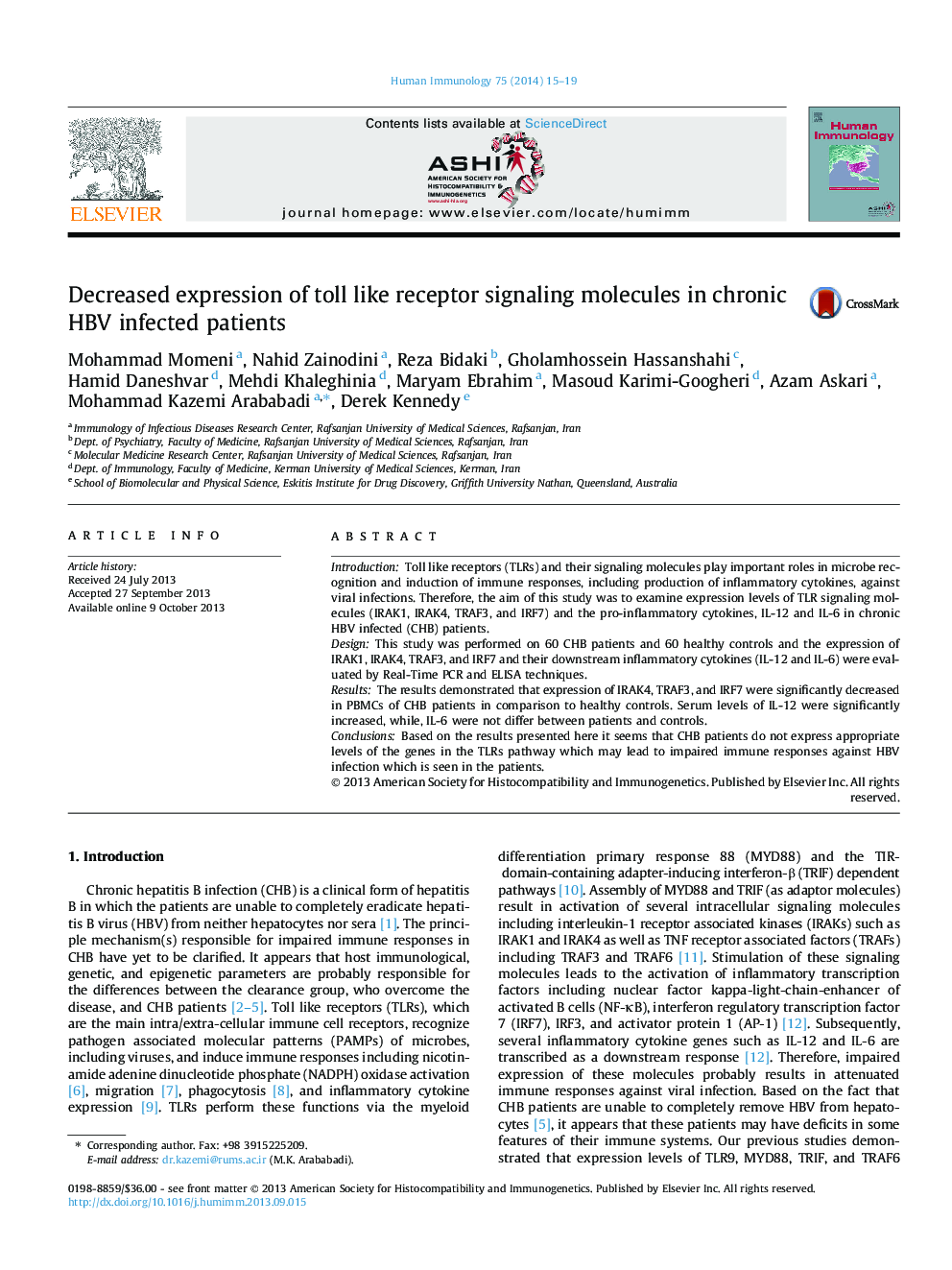 عکس صفحه اول مقاله: Decreased expression of toll like receptor signaling molecules in chronic HBV infected patients Decreased expression of toll like receptor signaling molecules in chronic HBV infected patients