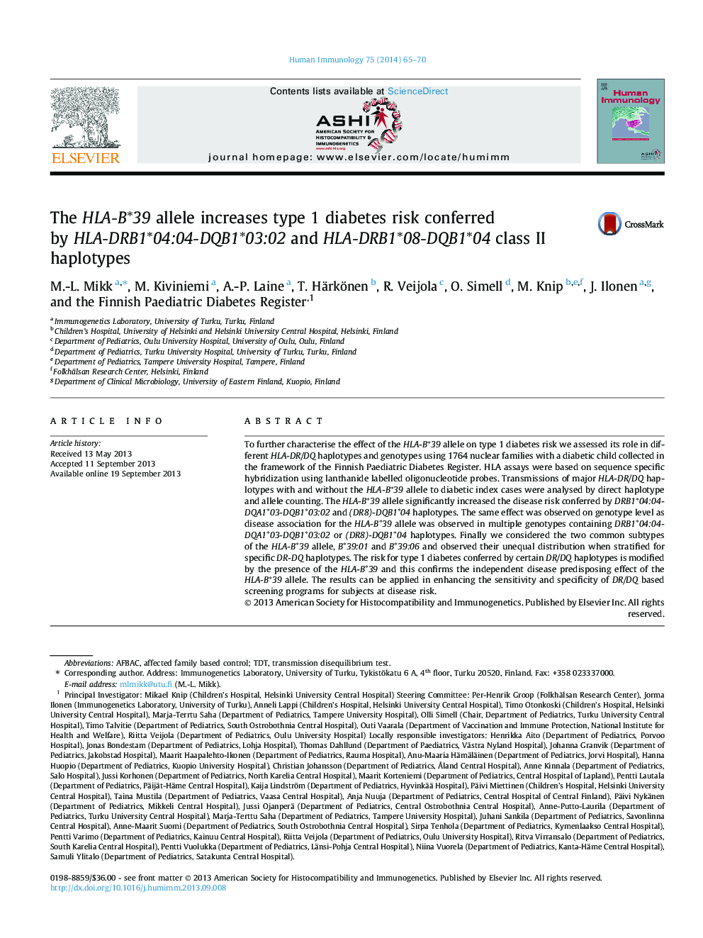 The HLA-B∗39 allele increases type 1 diabetes risk conferred by HLA-DRB1∗04:04-DQB1∗03:02 and HLA-DRB1∗08-DQB1∗04 class II haplotypes