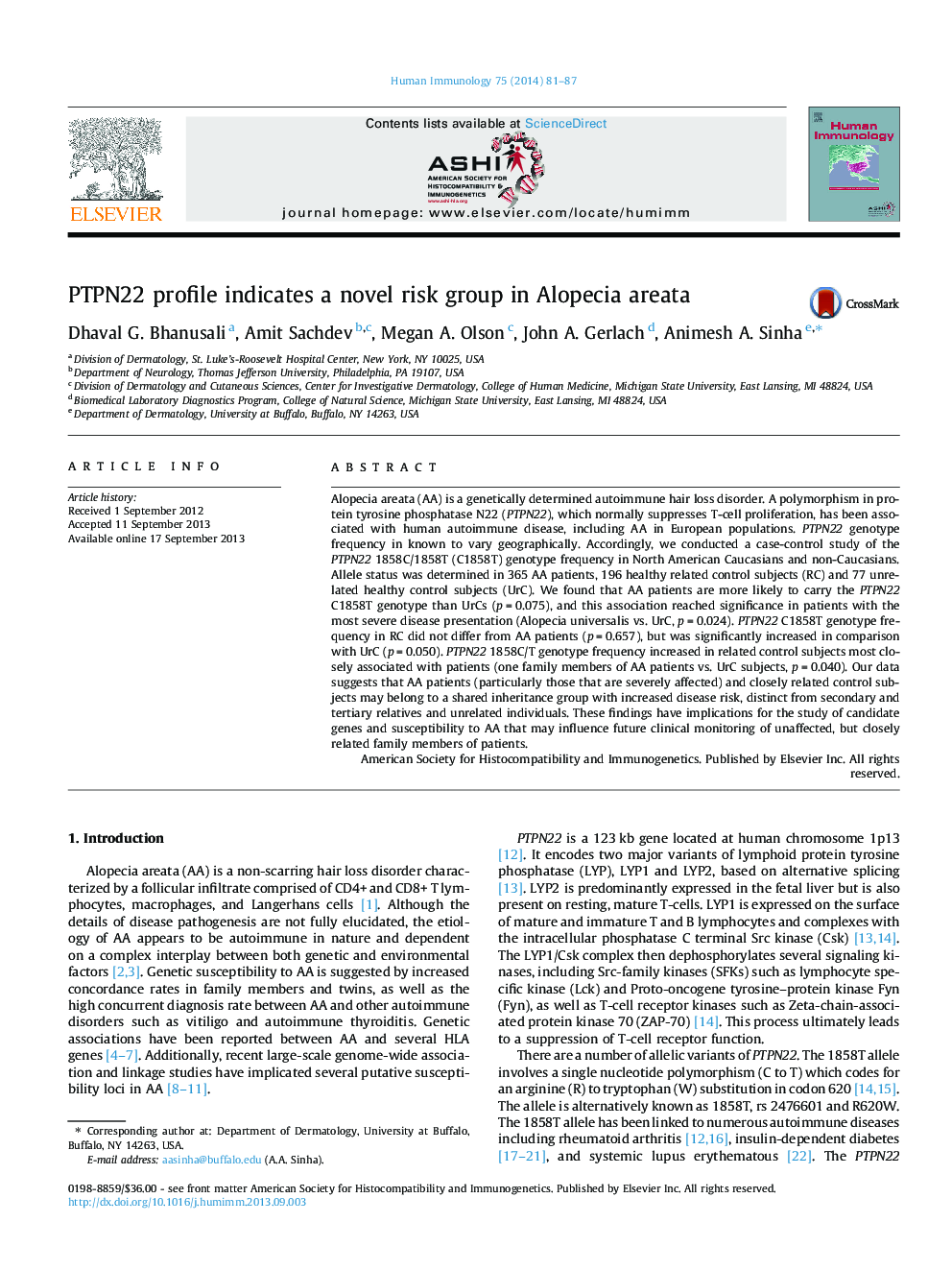 PTPN22 profile indicates a novel risk group in Alopecia areata