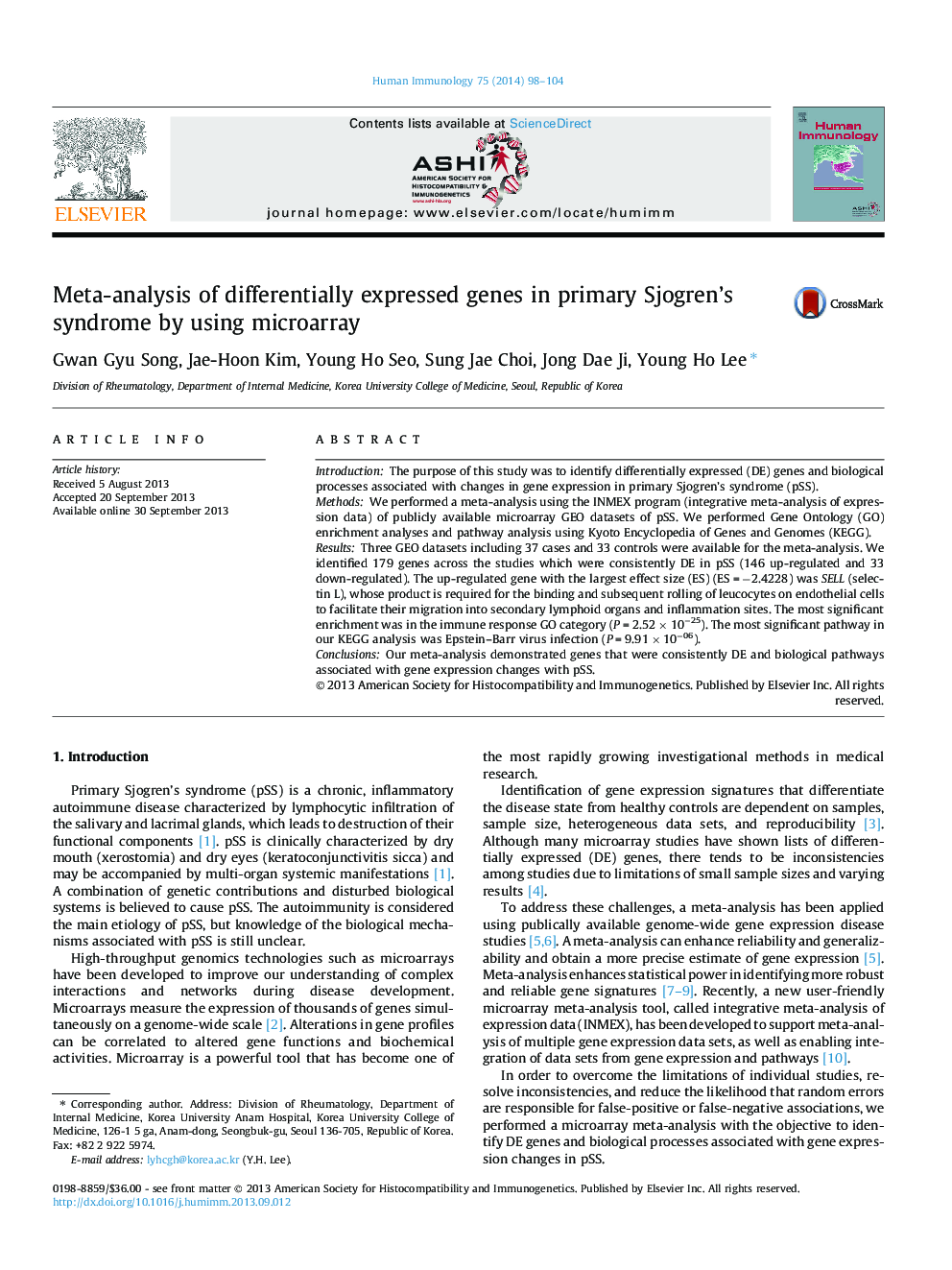 Meta-analysis of differentially expressed genes in primary Sjogren’s syndrome by using microarray