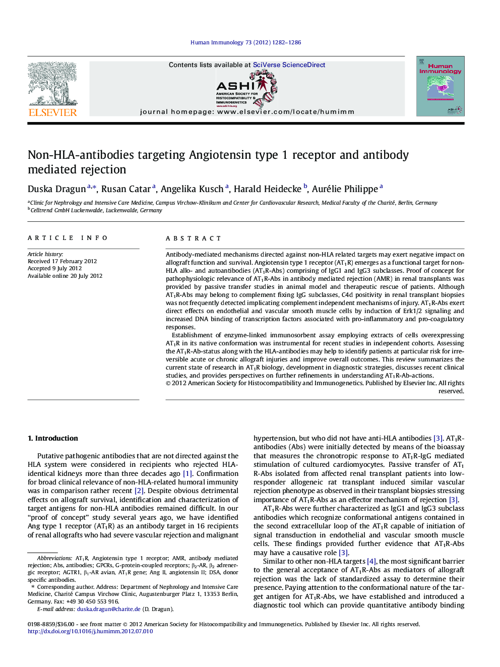 Non-HLA-antibodies targeting Angiotensin type 1 receptor and antibody mediated rejection