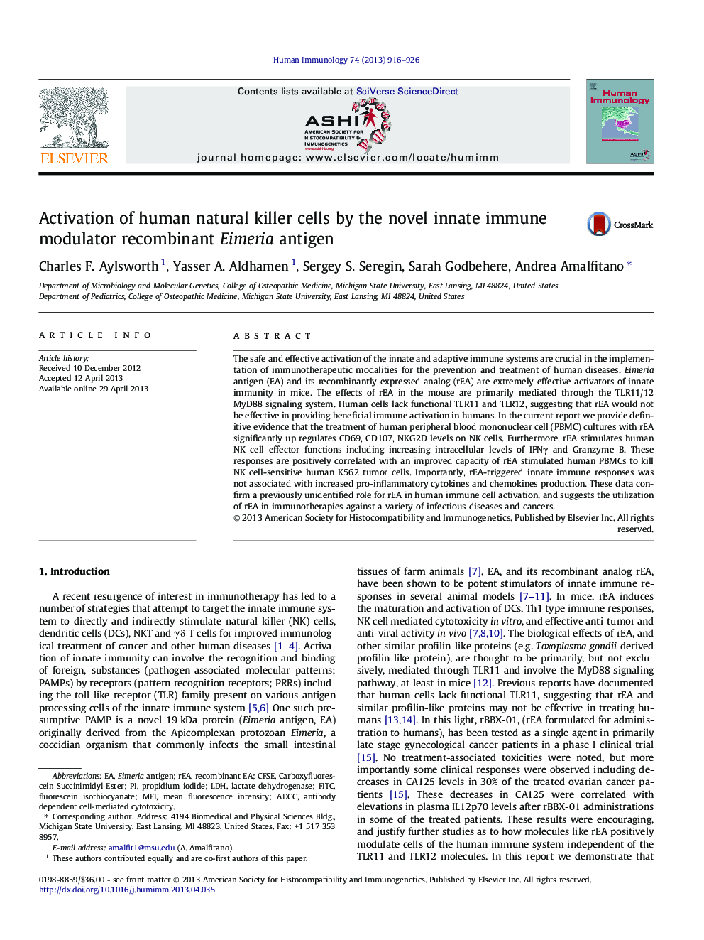 Activation of human natural killer cells by the novel innate immune modulator recombinant Eimeria antigen