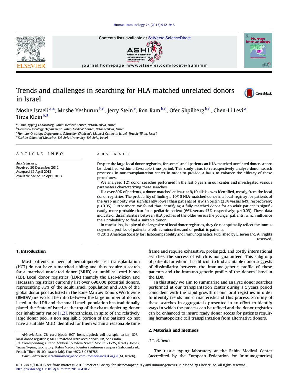 Trends and challenges in searching for HLA-matched unrelated donors in Israel