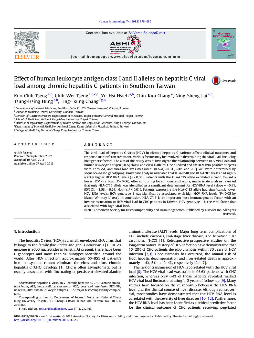 Effect of human leukocyte antigen class I and II alleles on hepatitis C viral load among chronic hepatitis C patients in Southern Taiwan