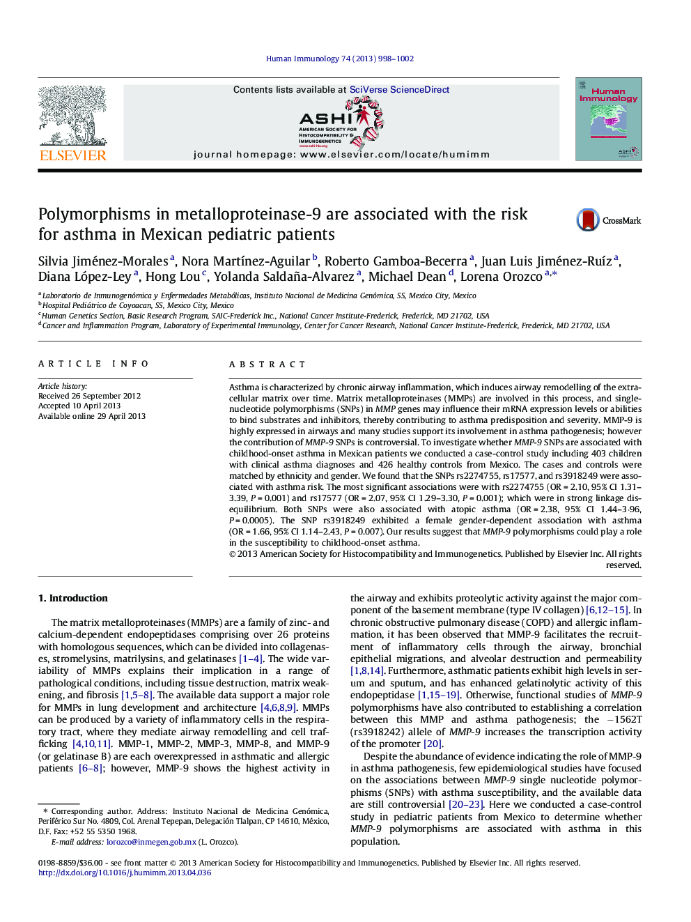 Polymorphisms in metalloproteinase-9 are associated with the risk for asthma in Mexican pediatric patients