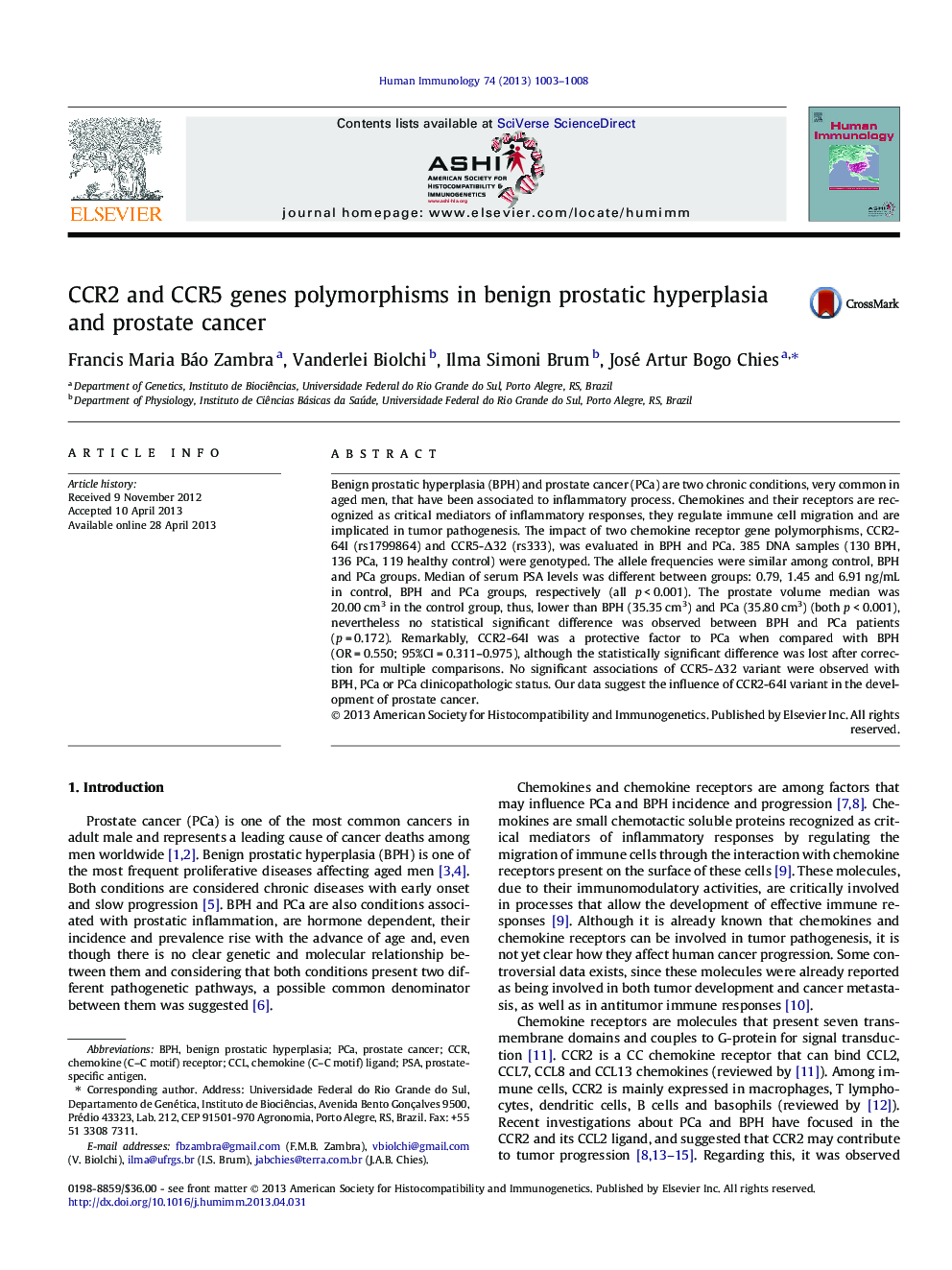 CCR2 and CCR5 genes polymorphisms in benign prostatic hyperplasia and prostate cancer