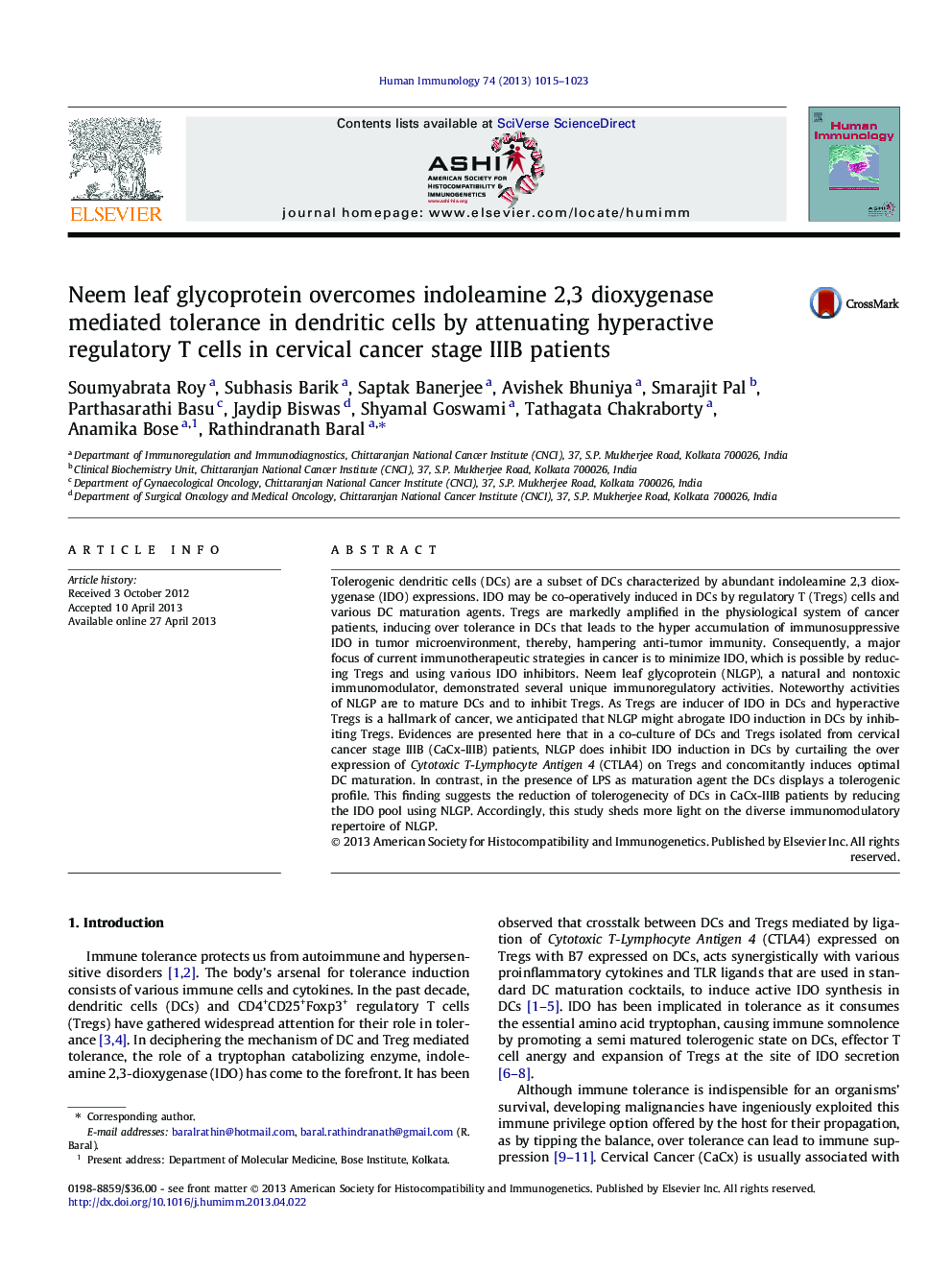 Neem leaf glycoprotein overcomes indoleamine 2,3 dioxygenase mediated tolerance in dendritic cells by attenuating hyperactive regulatory T cells in cervical cancer stage IIIB patients