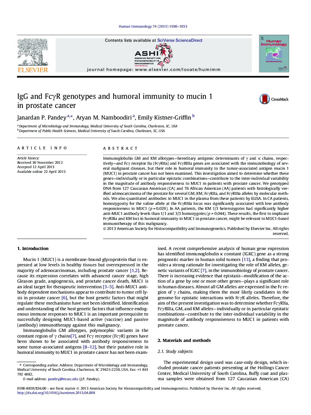 IgG and FcγR genotypes and humoral immunity to mucin 1 in prostate cancer