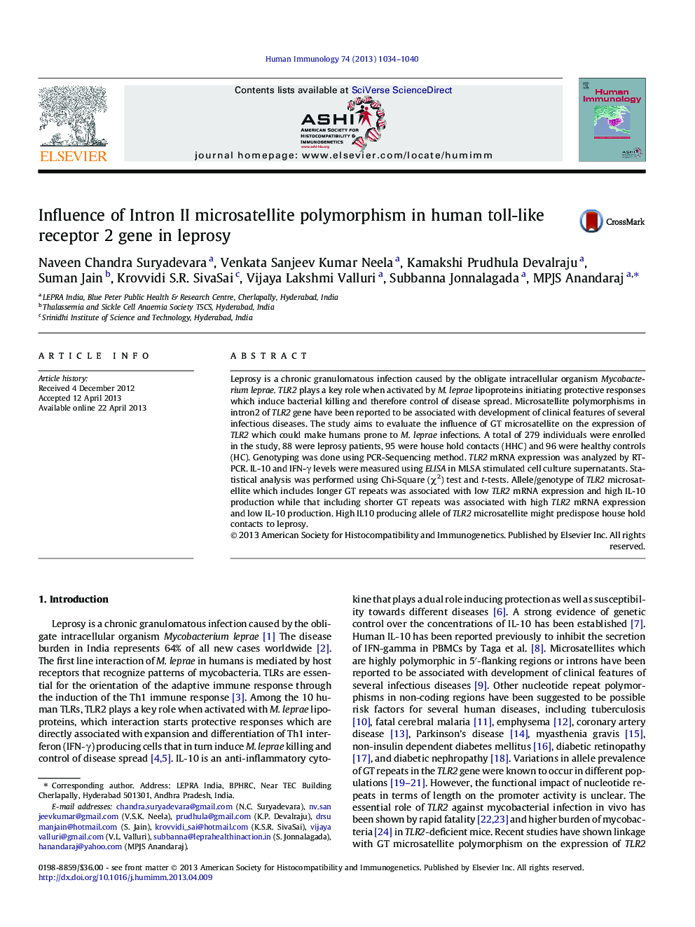 Influence of Intron II microsatellite polymorphism in human toll-like receptor 2 gene in leprosy