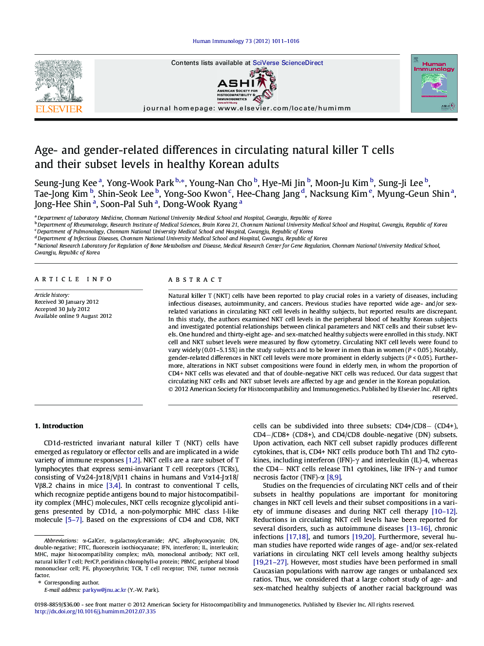 Age- and gender-related differences in circulating natural killer T cells and their subset levels in healthy Korean adults