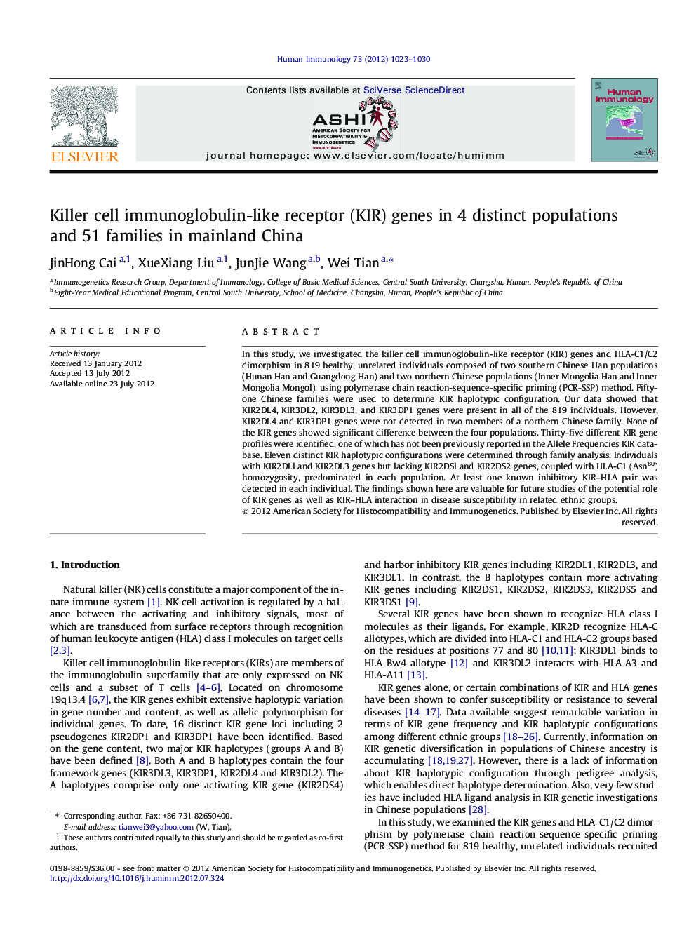 Killer cell immunoglobulin-like receptor (KIR) genes in 4 distinct populations and 51 families in mainland China