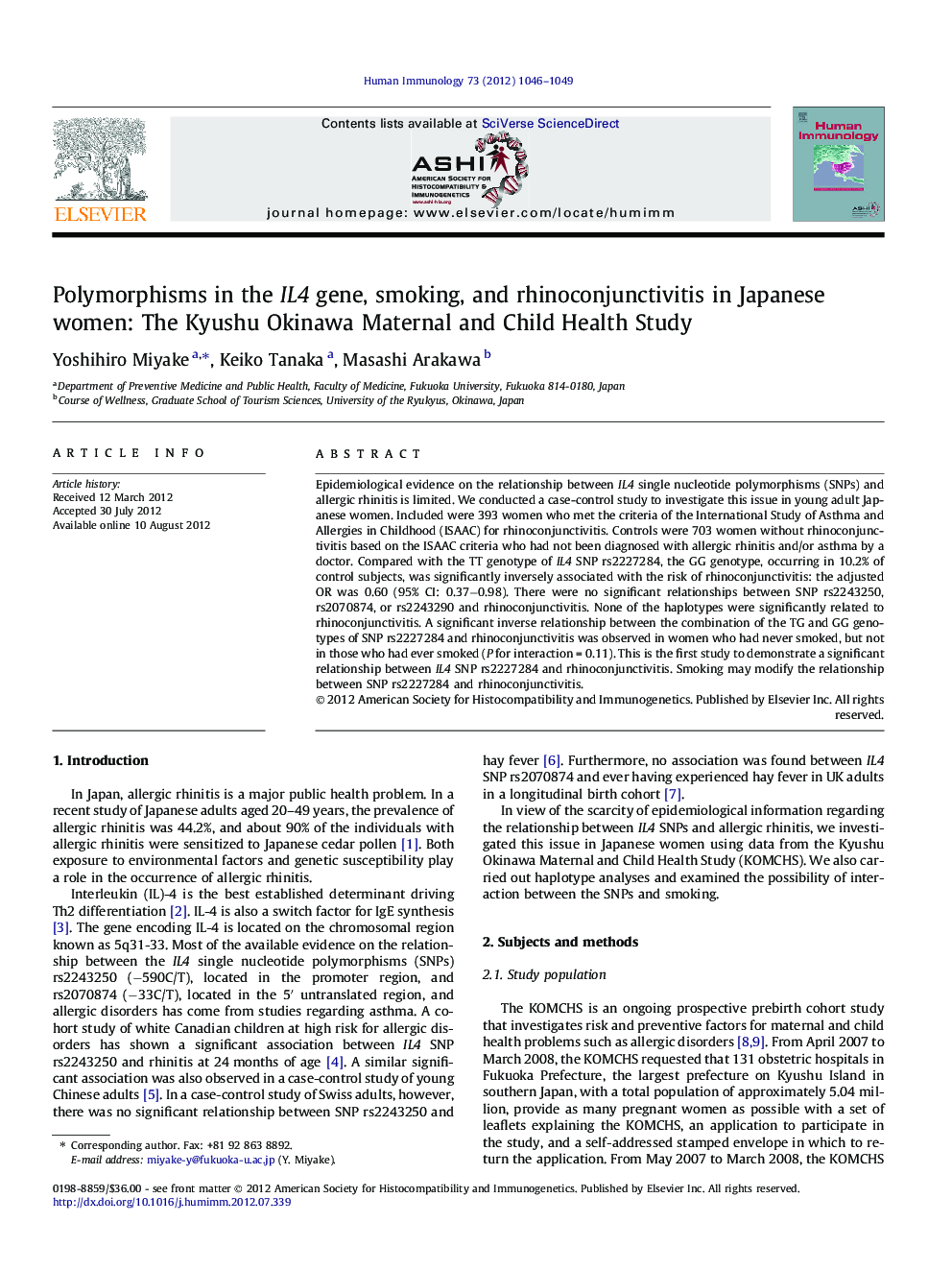 Polymorphisms in the IL4 gene, smoking, and rhinoconjunctivitis in Japanese women: The Kyushu Okinawa Maternal and Child Health Study