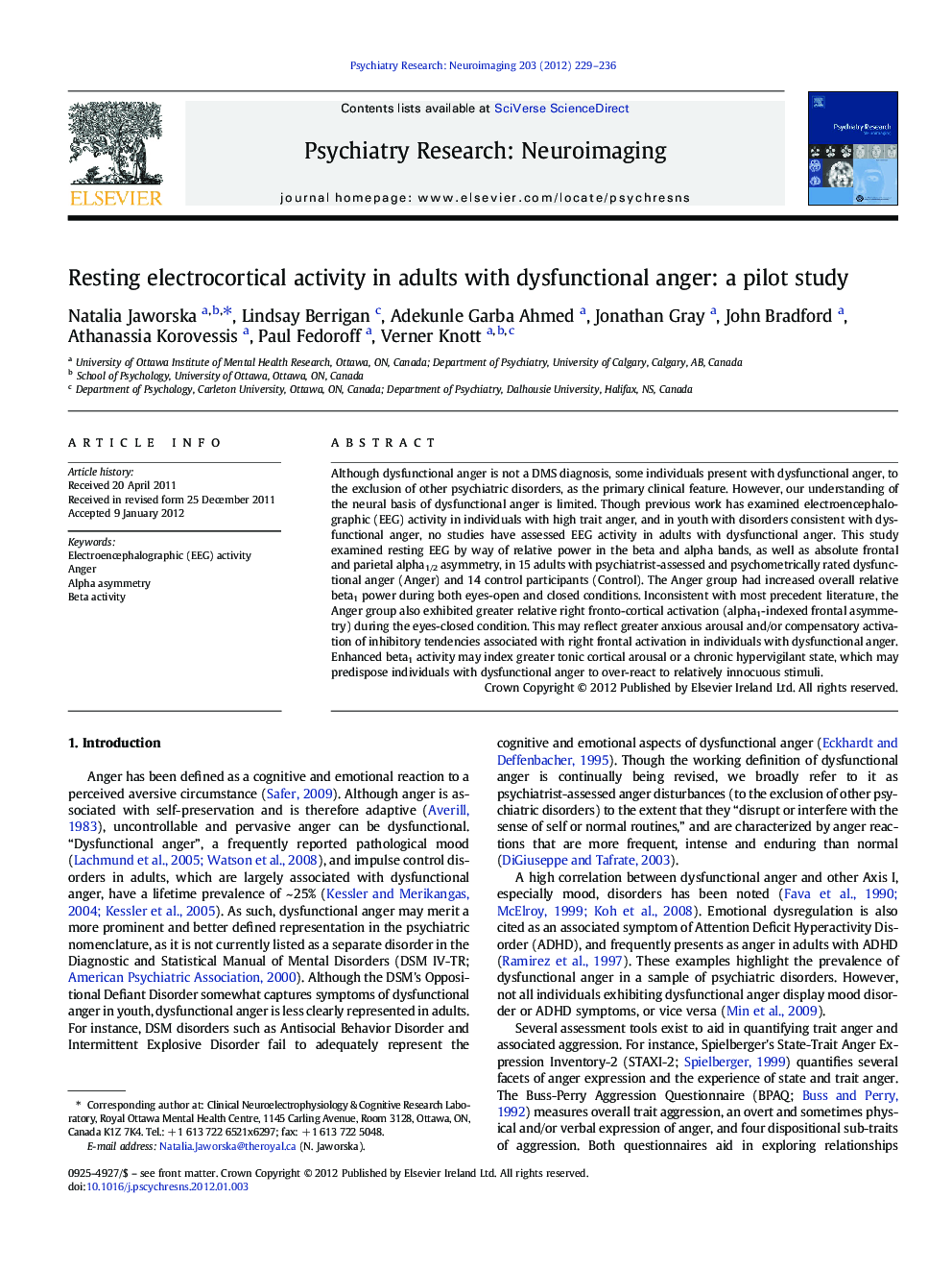 Resting electrocortical activity in adults with dysfunctional anger: a pilot study